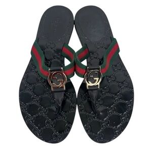 Gucci Interlocking GG Web Strap Thong Sandals Slip On Flat